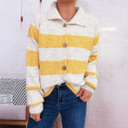 Damen gemütliche Strickjacke mit dekorativen Holzknochen und breiten Streifen R&B