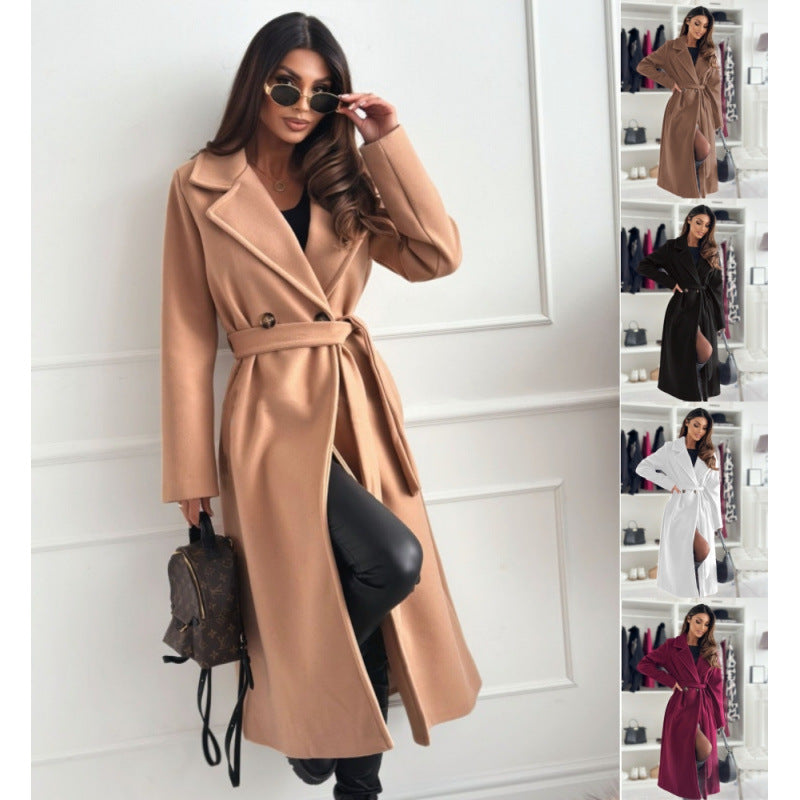 Damen eleganter taillierter Trenchcoat mit geschlossenem Kragen und Gürtel R&B