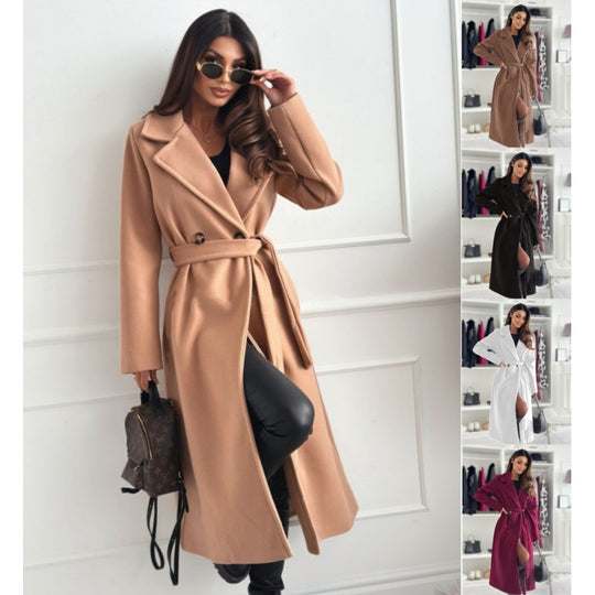 Damen eleganter taillierter Trenchcoat mit geschlossenem Kragen und Gürtel R&B