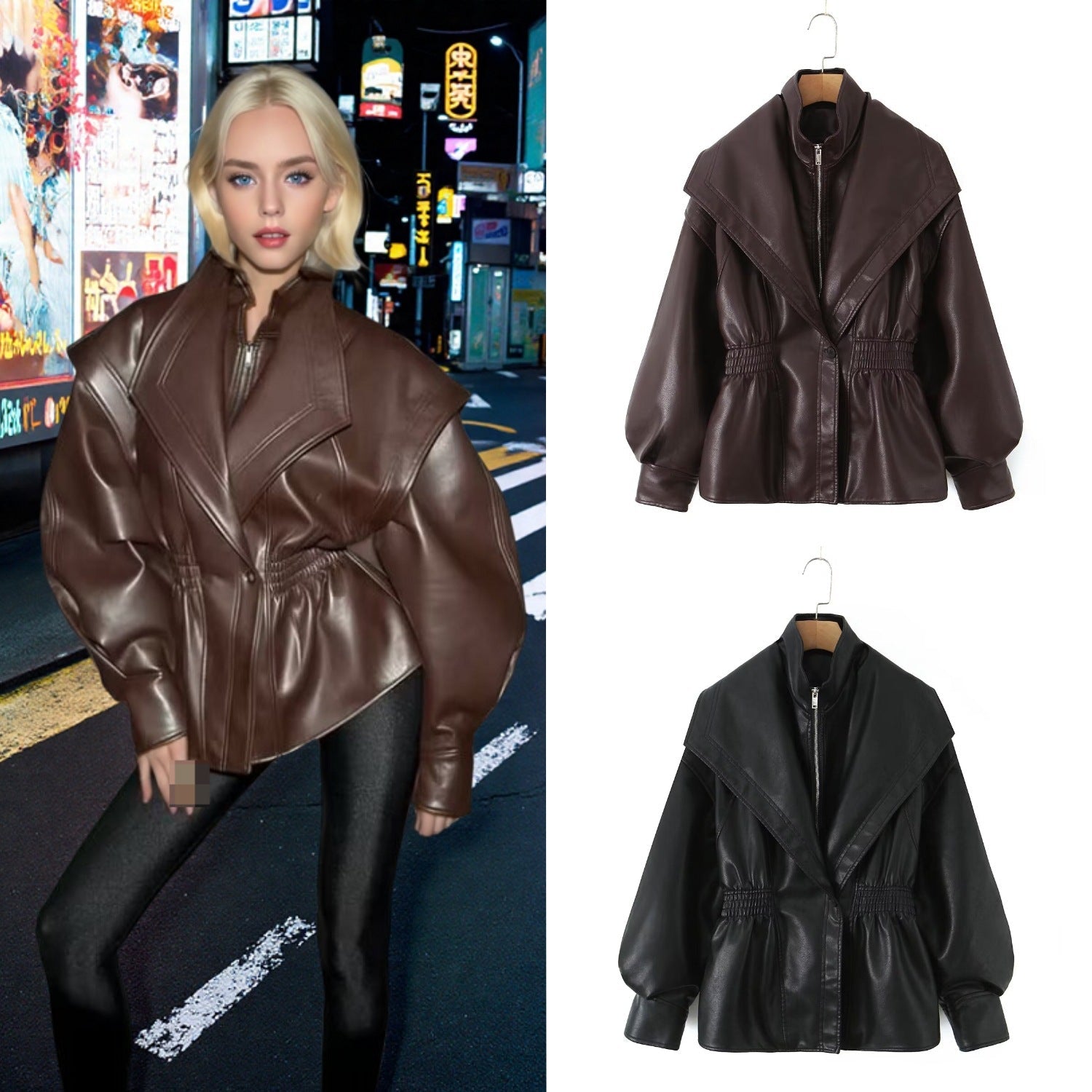 Damen Kunstlederjacke mit asymmetrischem Kragen und tailliertem Schnitt R&B