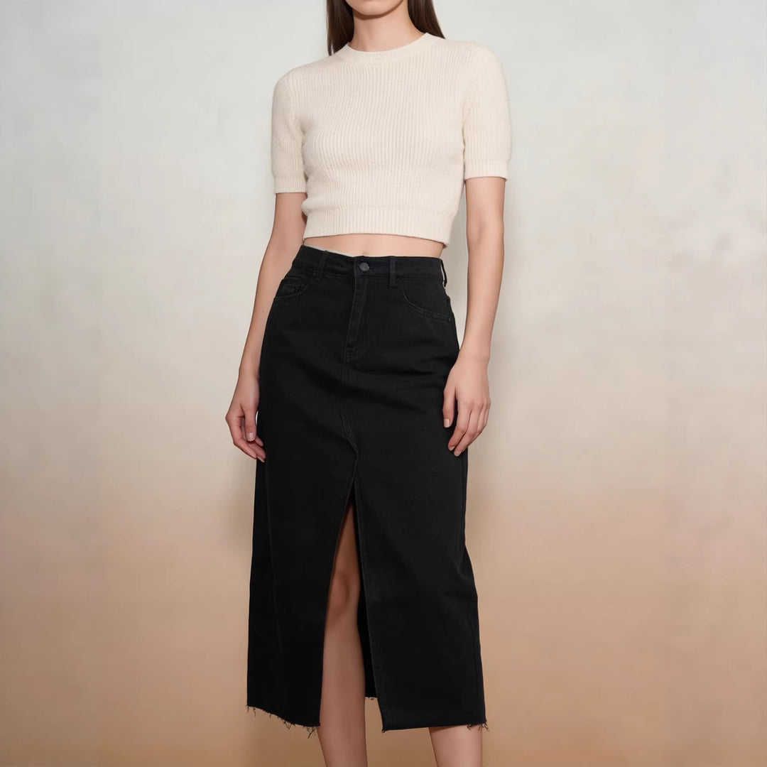 Damen Midi-Denim-Rock mit hohem Schlitz und fransigem Saum R&B