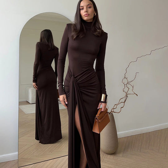 Damen Maxi-Kleid mit strukturiertem Wickeldesign und hohem Schlitz R&B