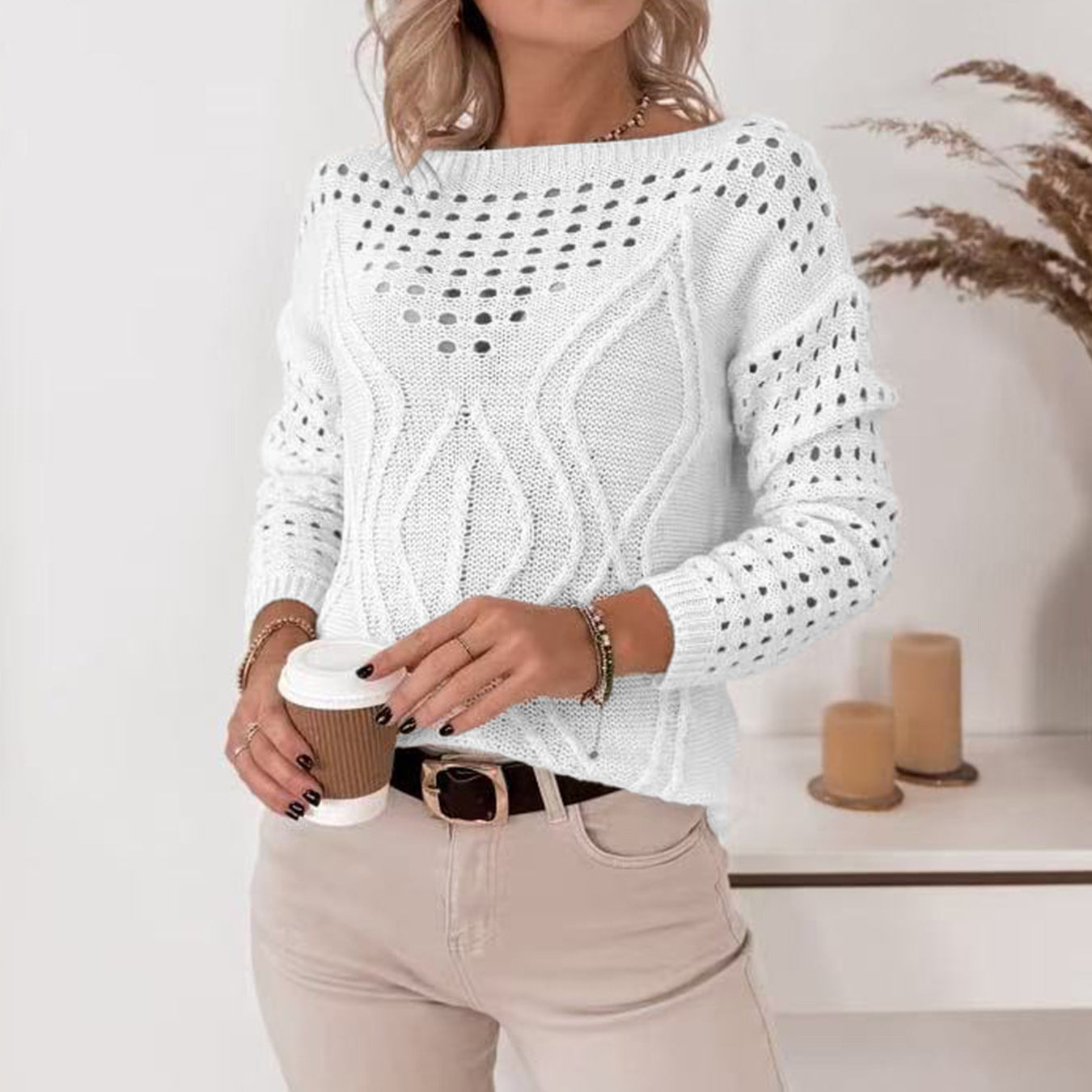 Damen Strickpullover mit luftigen Lochmustern und zartem Zopfdesign