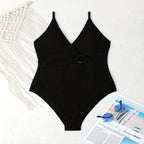 Damen Eleganter Einteiler Badeanzug mit modischem Wickeldetail und tiefem V-Ausschnitt R&B