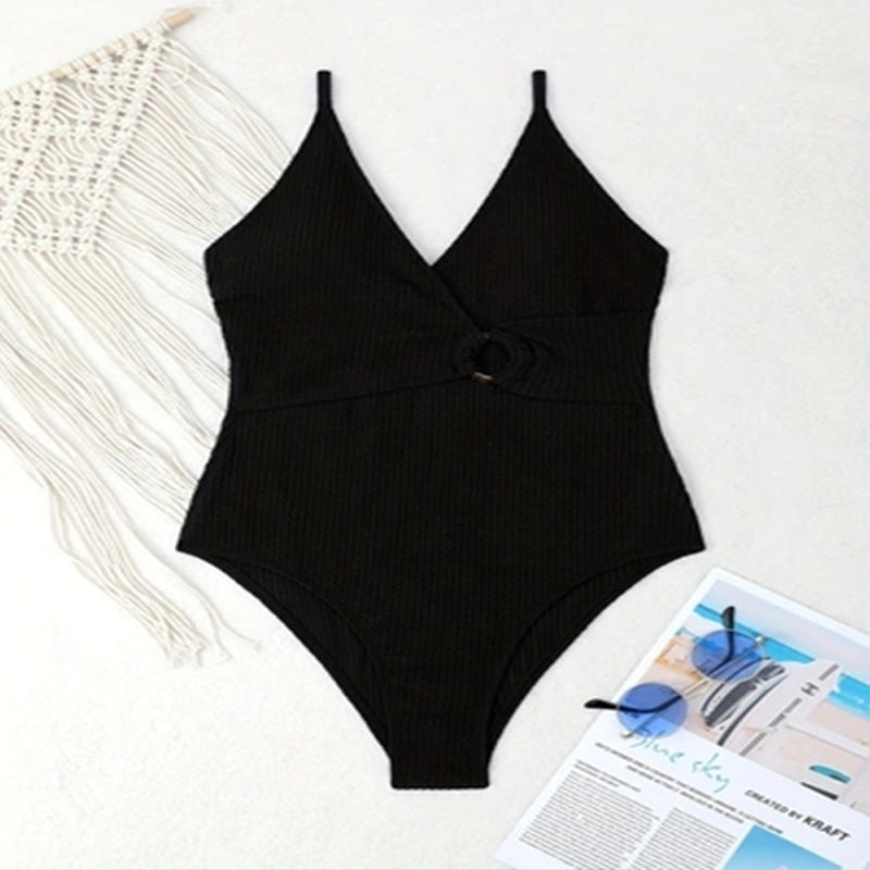 Damen Eleganter Einteiler Badeanzug mit modischem Wickeldetail und tiefem V-Ausschnitt R&B