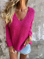 Damen Bequemes V-Ausschnitt Sweatshirt mit Struktur und langen Ärmeln R&B
