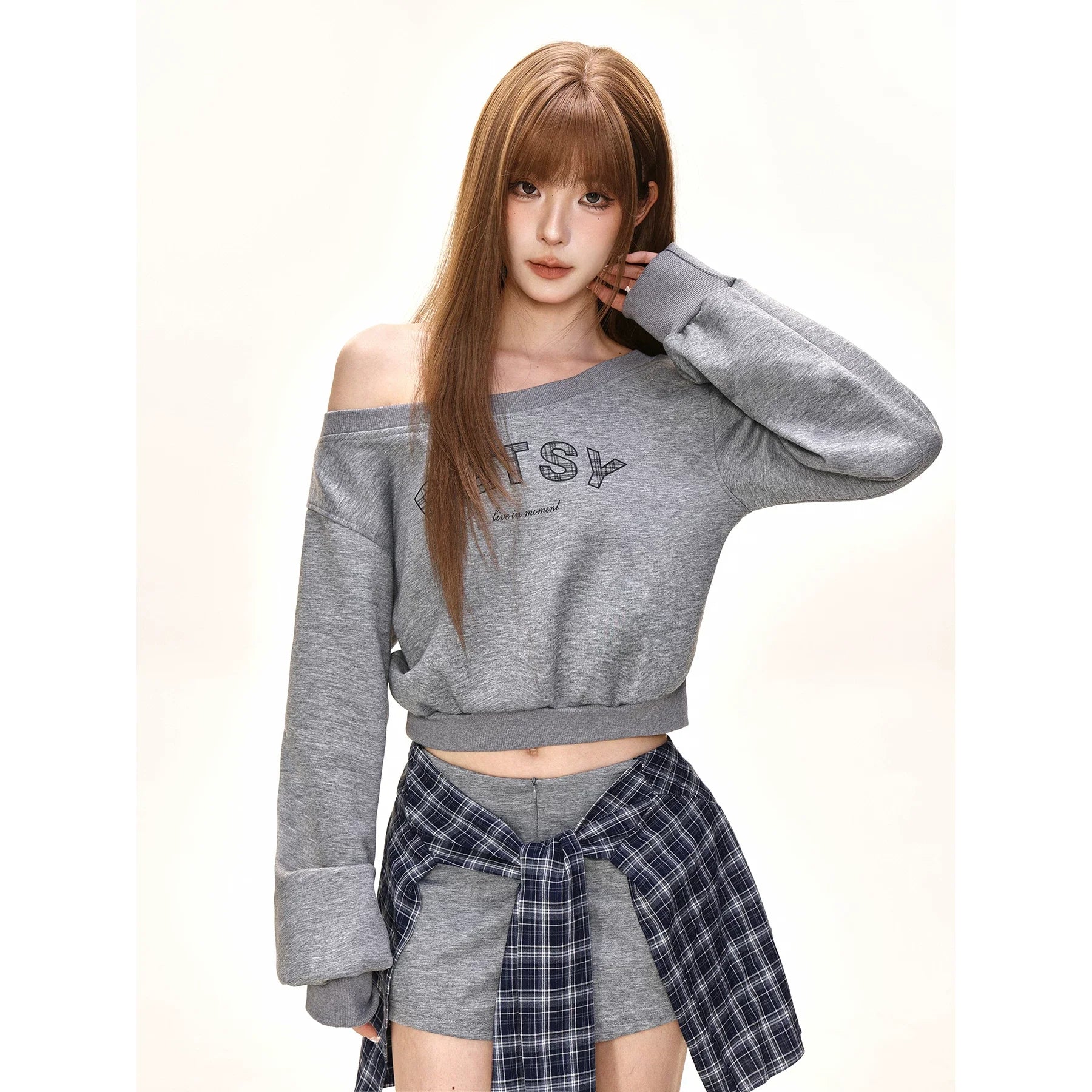 Damen nan einseitig offenes Cropped-French-Terry-Pullover mit voluminösen Ärmeln und Rippbund R&B