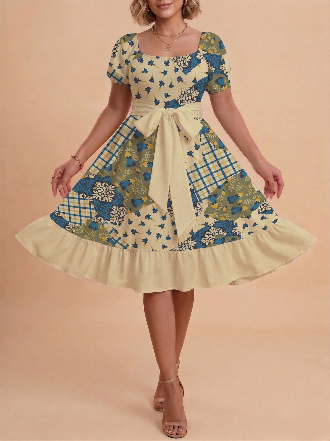 Damen Retro Maxikleid mit Puffärmeln und Taillengürtel R&B