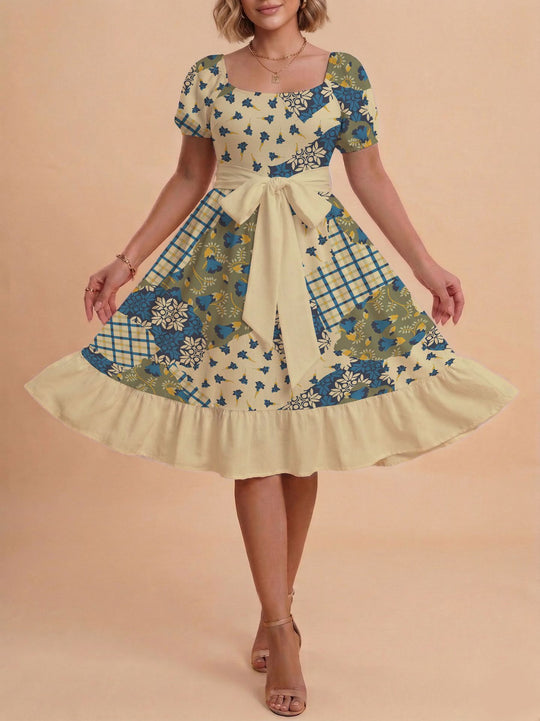 Damen Retro Maxikleid mit Puffärmeln und Taillengürtel R&B