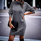 Damen Strickkleid mit modernem Zopfmuster und hochgeschlossenem Kragen R&B
