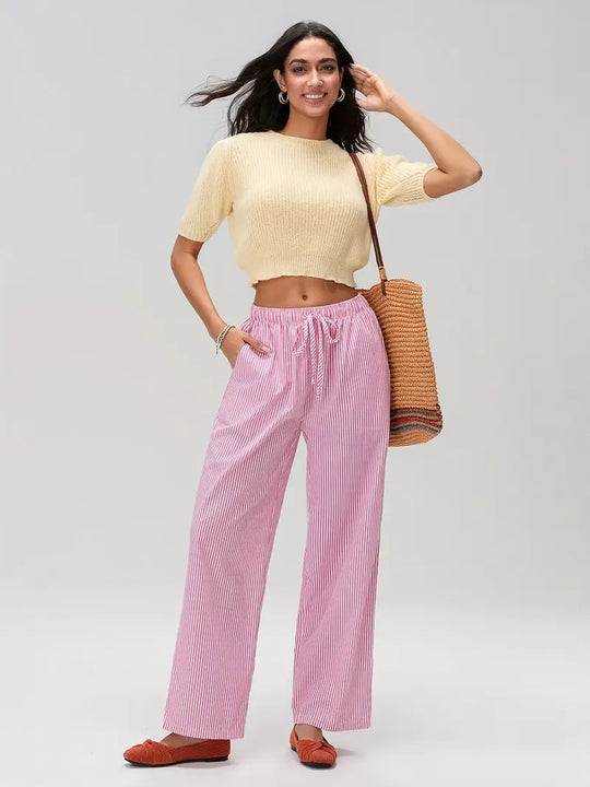 Damen Weit geschnittene Streifenhose mit elastischem Bund R&B