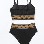 Damen Bikini-Set mit figurbetonendem Rippenmuster und buntem Elastikbund R&B