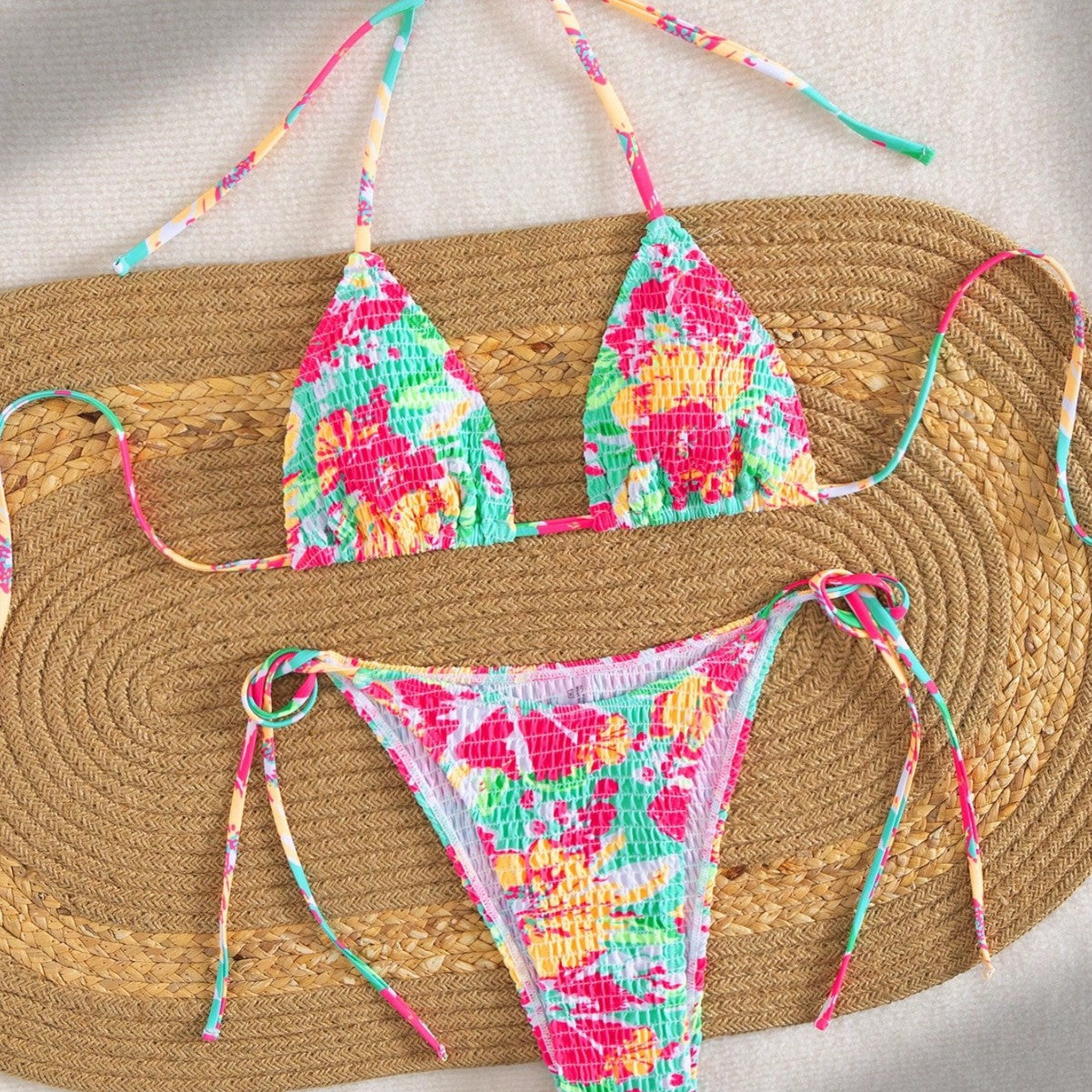 Damen Triangel-Bikini mit buntem Blumenmuster und verstellbarem BindR&Band R&B