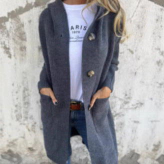 Damen Strickmantel mit Kapuze und Knöpfen R&B
