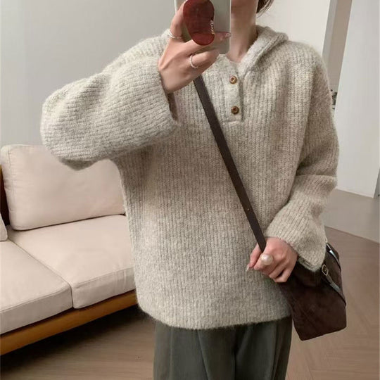 Damen bequemer Strickpullover mit Knopfleiste und Kapuze R&B