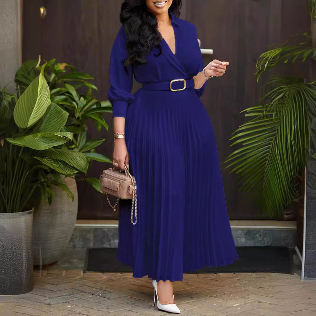 Damen Plissiertes Kleid mit elegantem V-Ausschnitt und Taillengürtel R&B