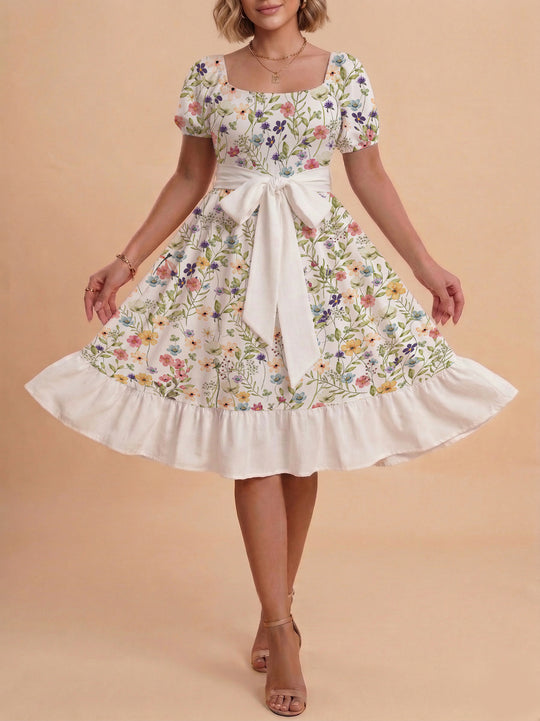 Damen Blumenkleid mit taillierbarem Gürtel und voluminösen Ärmeln R&B