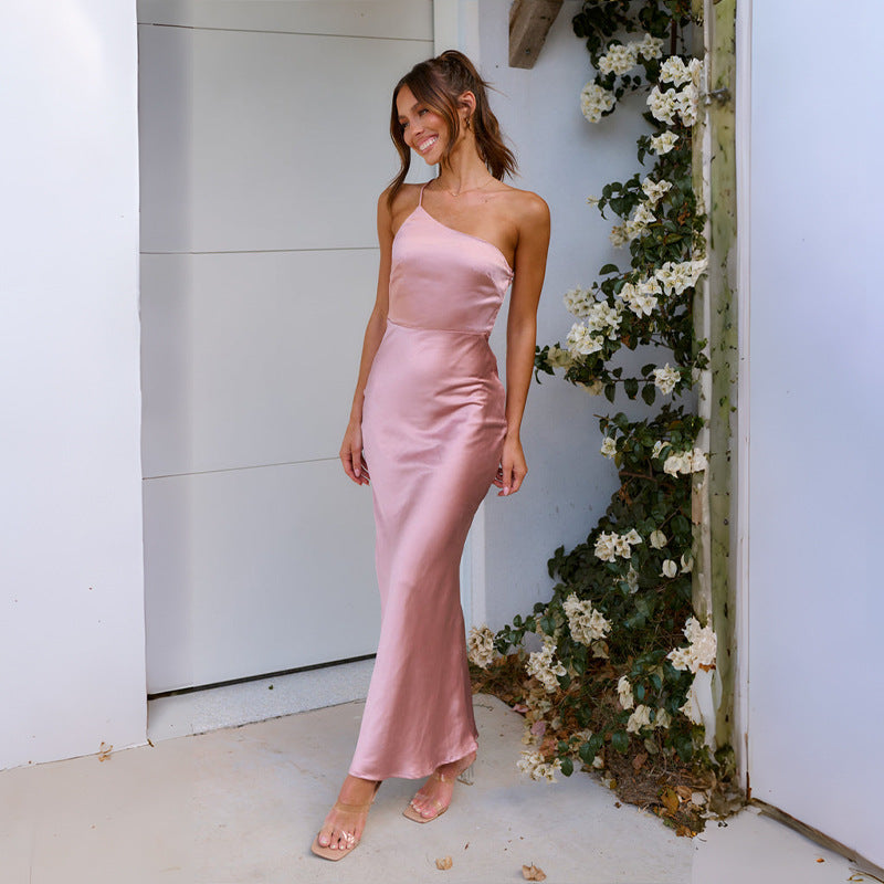 Damen Einseitig geschnittenes Satin-Maxikleid mit elegantem Fall R&B
