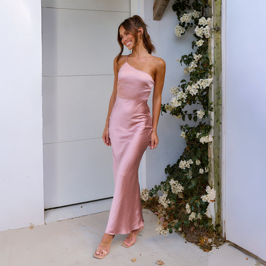 Damen Einseitig geschnittenes Satin-Maxikleid mit elegantem Fall R&B