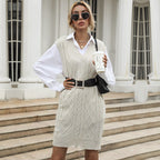 Damen Strickkleid mit V-Ausschnitt und Rippstruktur R&B