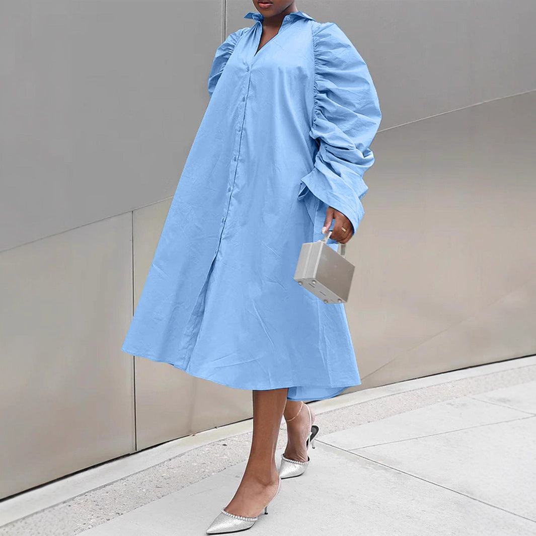 Damen Hemdblusenkleid mit voluminösen Puffärmeln und eleganter Knopfleiste R&B