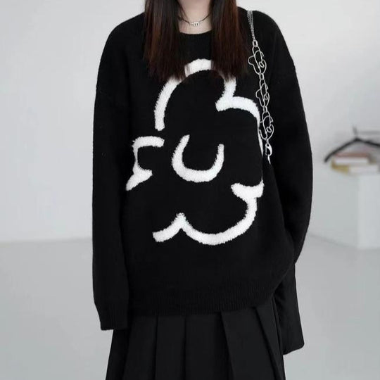 Damen lässiger Strickpullover mit floralem Motiv R&B