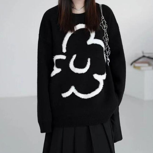Damen lässiger Strickpullover mit floralem Motiv R&B