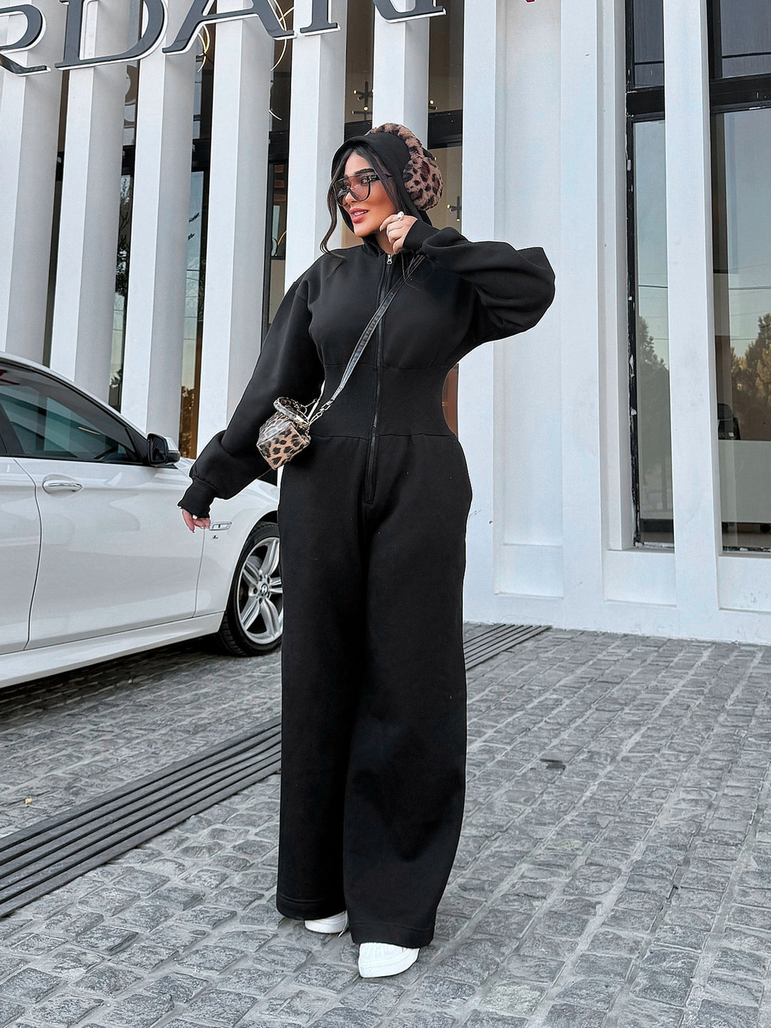 Damen Sportlicher Fleece-Jumpsuit mit hohem Kragen und trendiger Silhouette R&B