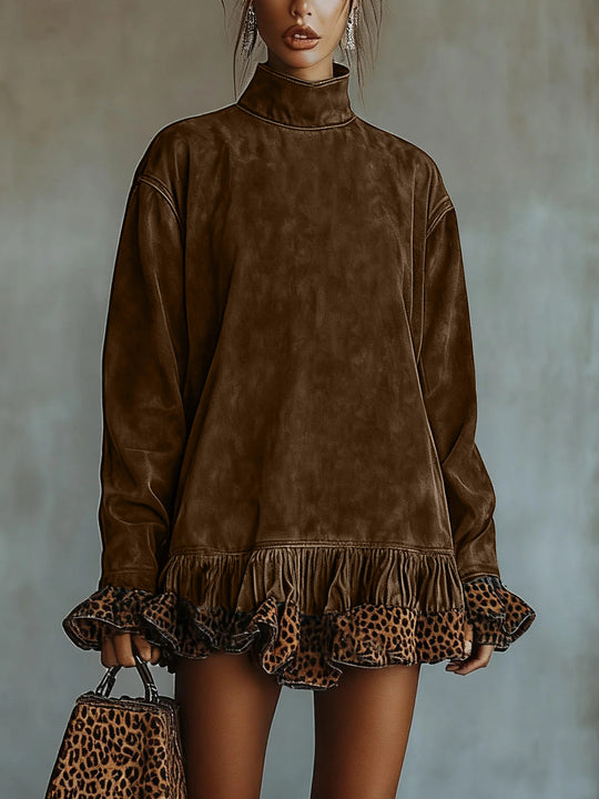 Damen Oversized Sweatkleid mit Leopardenrüsche R&B