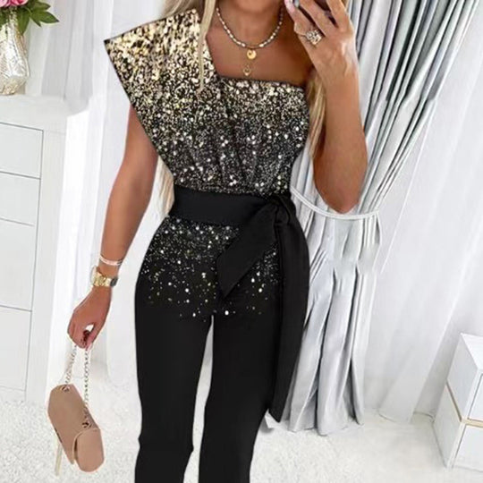 Damen One-Shoulder Jumpsuit mit glitzerndem Oberteil und Taillengürtel R&B