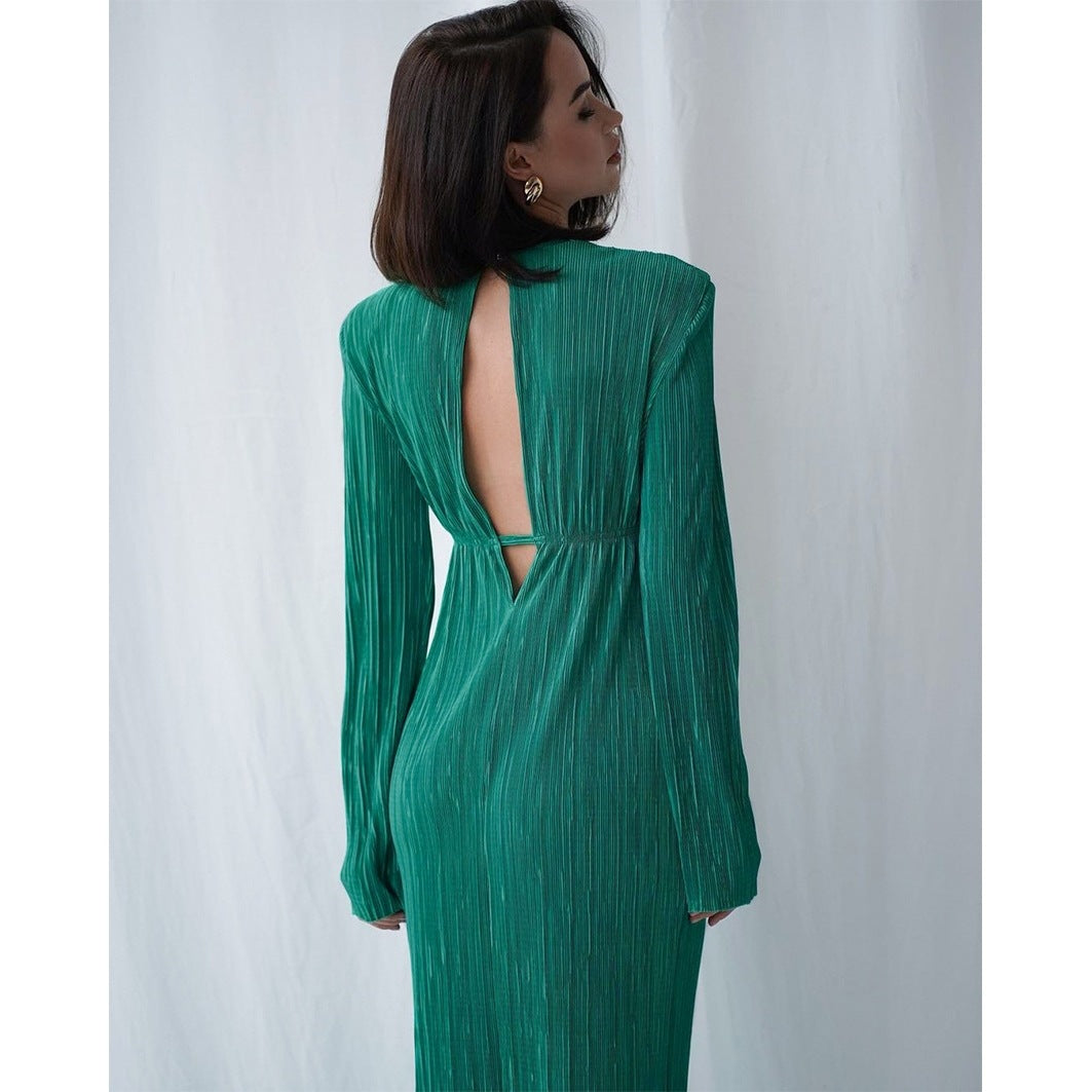 Damen Elegantes Maxikleid mit strukturierten Falten und langen Ärmeln R&B