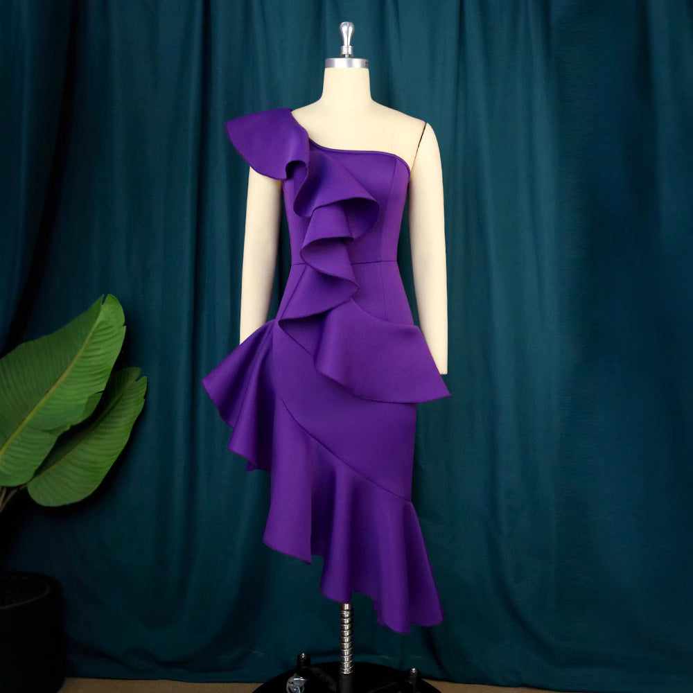 Damen Elegantes Maxi Kleid mit asymmetrischem Rüschendesign R&B