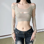 Damen Crop-Top mit raffinierten Rüschendetails und langärmligem Design R&B