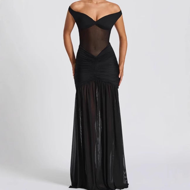 Damen Elegantes Off-Shoulder Maxikleid mit Rüschendetails und hohem Schlitz R&B
