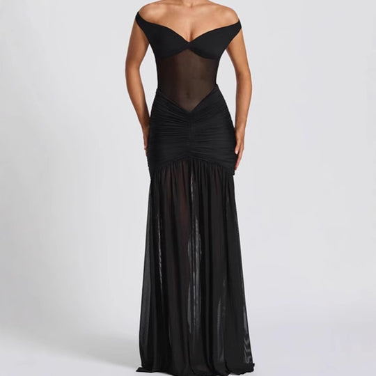 Damen Elegantes Off-Shoulder Maxikleid mit Rüschendetails und hohem Schlitz R&B
