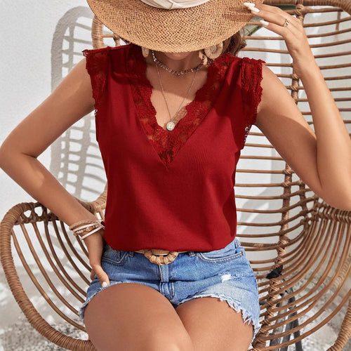 Damen Spitzenverziertes V-Ausschnitt Top R&B