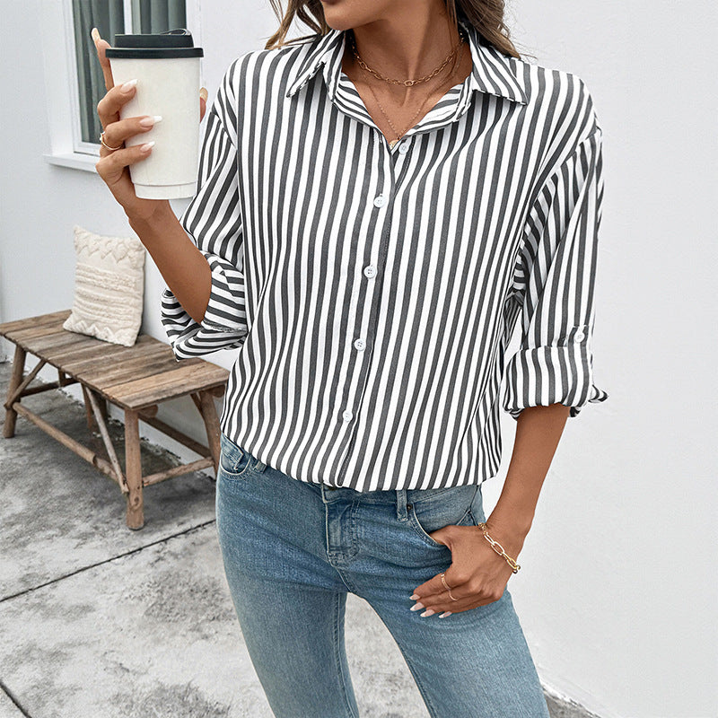 Damen gestreiftes Blusenshirt mit modernem Kragen und bequemen Ärmelaufschlägen R&B