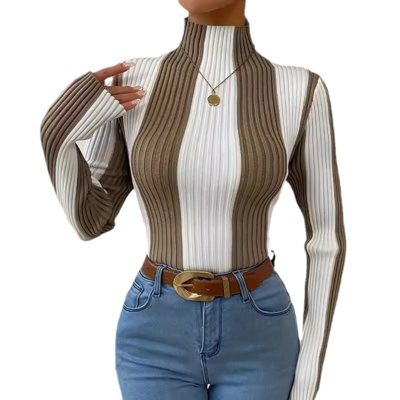 Damen Langarmshirt mit strukturiertem Rippmuster und hohem Kragen R&B