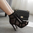 Damen Peep-Toe Stiefeletten mit luftiger Netzstruktur und hohem Absatz R&B