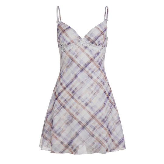 Damen Freizehkleid mit detaillierter Spitzenborte und harmonischem Karomuster R&B