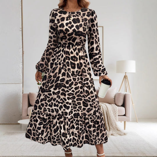 Damen Elegantes Langarm-Maxikleid mit modernem Tierprint und asymmetrischem Saum R&B