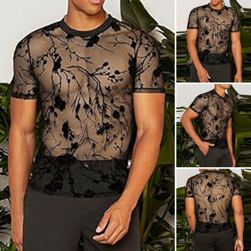 Damen nan transparentes Netz-Oberteil mit floraler Samtstickerei und Rundhalsausschnitt R&B