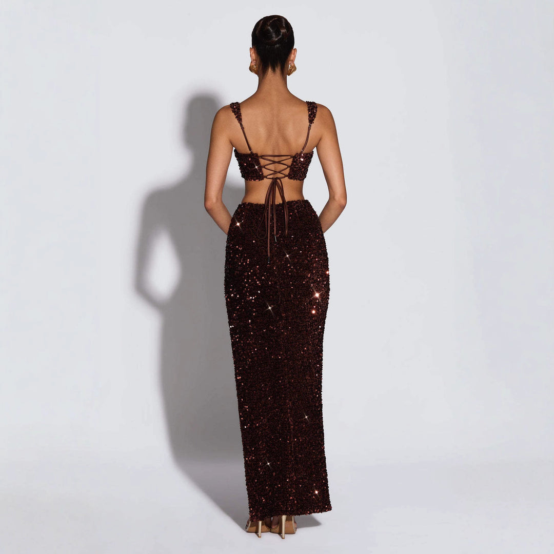 Damen Glitzerndes Abendkleid mit tiefem Schlitz und raffinierten Trägern R&B