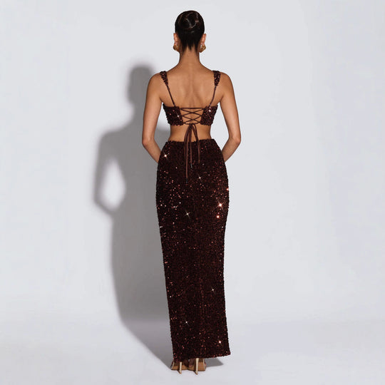 Damen Glitzerndes Abendkleid mit tiefem Schlitz und raffinierten Trägern R&B
