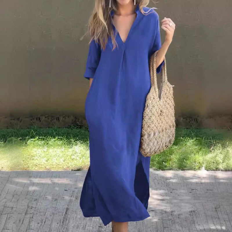 Damen Lässiges Maxikleid mit V-Ausschnitt und praktischen Seitenschlitzen R&B