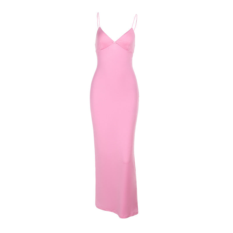 Damen figurbetontes Langkleid mit Spaghettiträgern und elegantem Ausschnitt EB