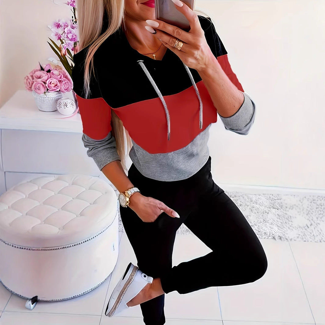 Damen modischer Freizeitpullover mit Kapuze und Farbblockdesign R&B