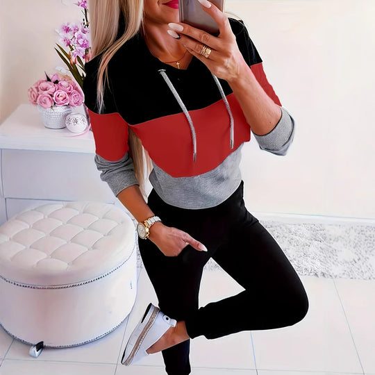 Damen modischer Freizeitpullover mit Kapuze und Farbblockdesign R&B