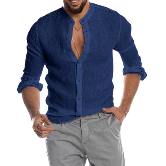 Herren Leinenhemd mit modernem Henley-Ausschnitt und Struktur R&B