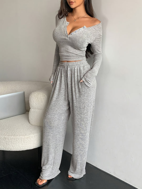 Damen Set aus lässigem Langarmoberteil und bequemen Palazzohose R&B